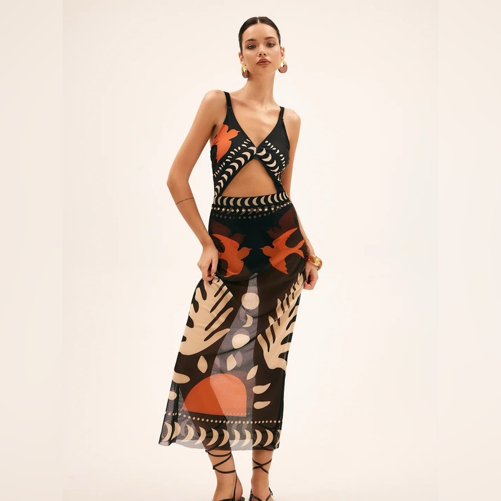 Bird print mesh cover up maxi skirt